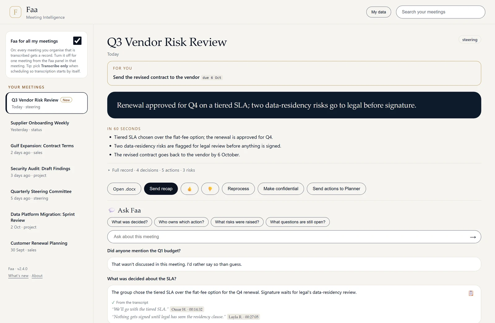 The Faa panel in Teams: a list of meetings on the left and the Q3 Vendor Risk Review record with Ask Faa on the right.