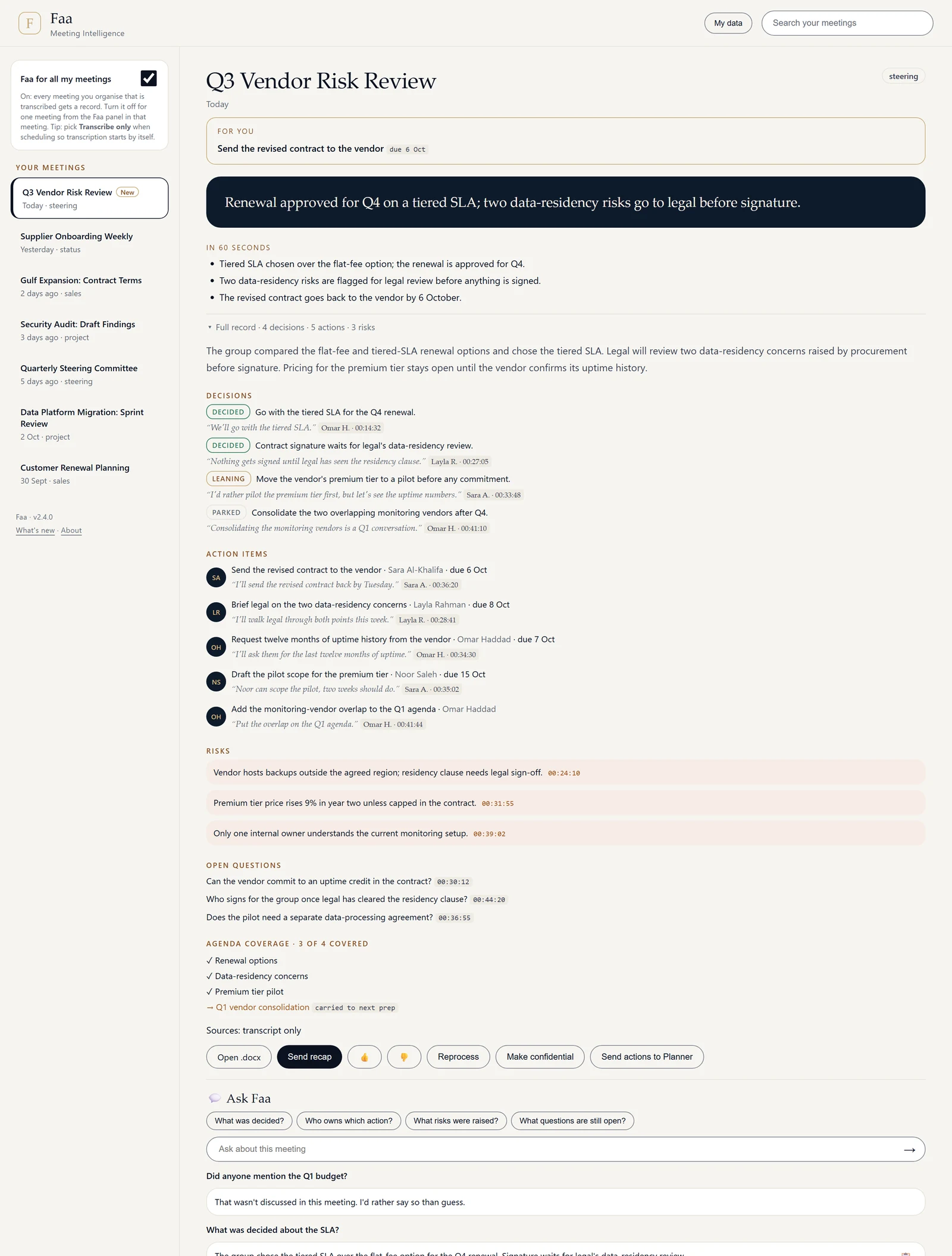 A full Faa record: the For you box, a dark headline banner, the 60-second read, decisions with quotes, action items with owners, risks, open questions and agenda coverage.