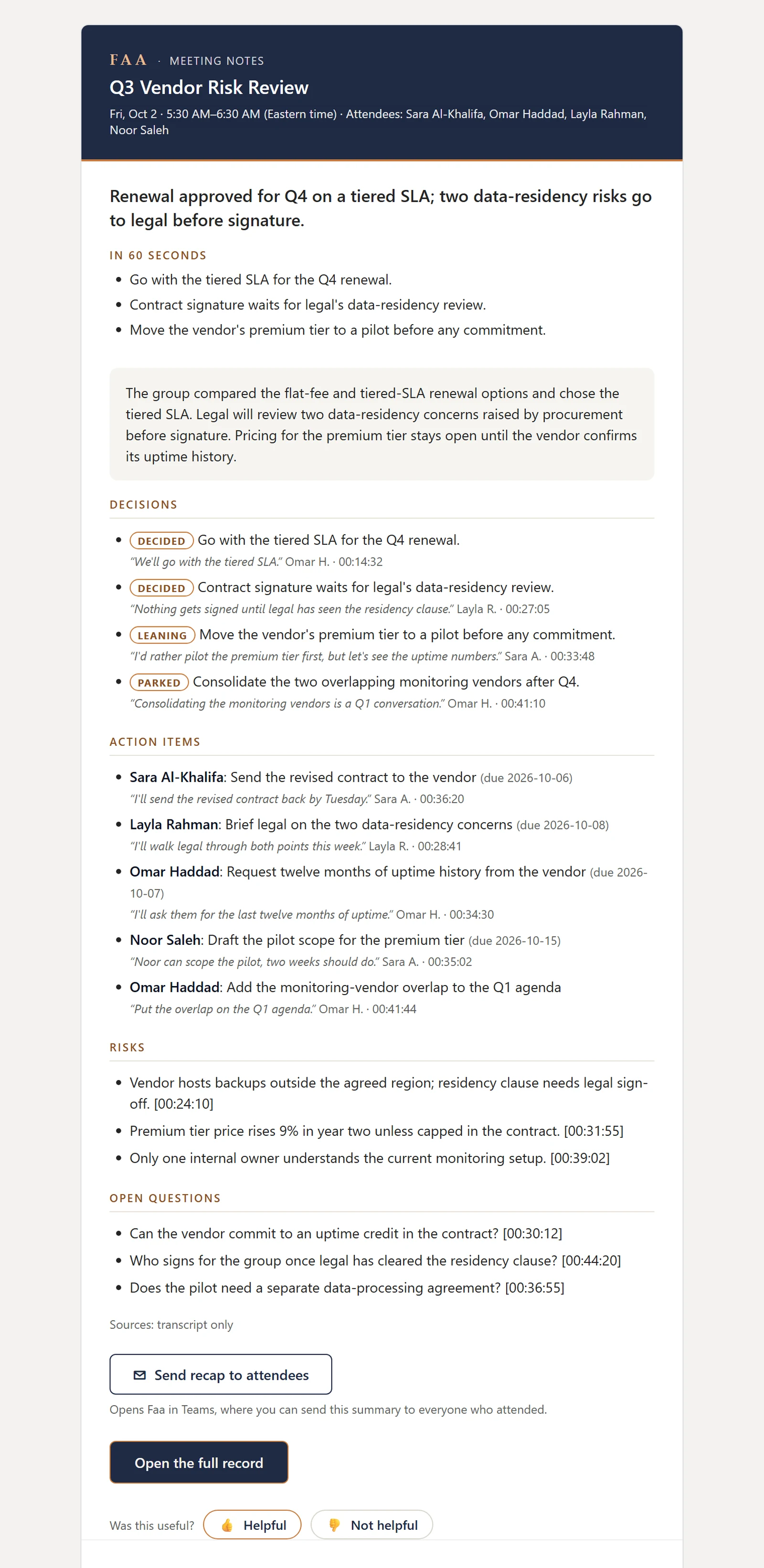 Faa recap email with the headline, 60-second read, decisions and action items.