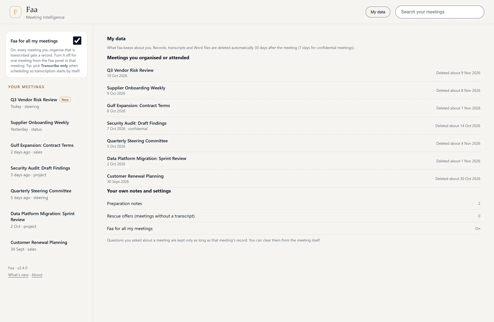 The My data page listing each meeting a person organised or attended, with the date each record will be deleted.