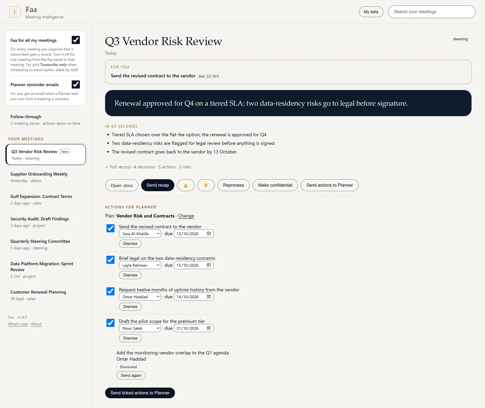 Actions for Planner: four ticked actions with owner and due date, one dismissed, and a button to send ticked actions to Planner.